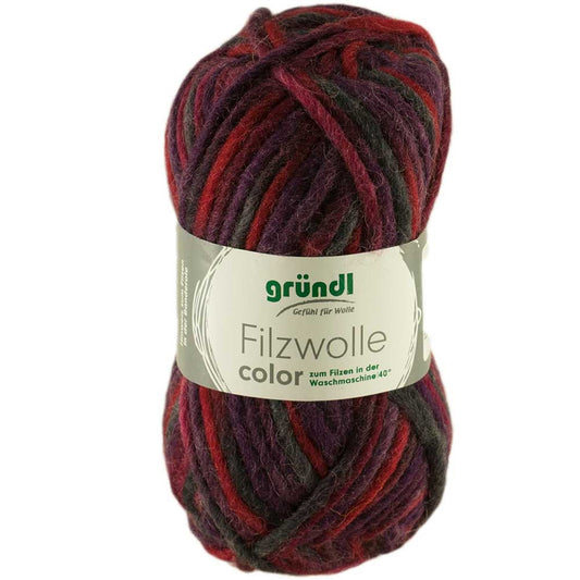 Gründl Filzwolle Color 50 g, Farbe 24 lila-Bordeaux-Anthrazit multicolor