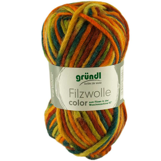 Gründl Filzwolle Color, 50 g, Farbe 36 blaugrün-ocker-rotorange multicolor