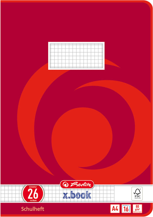 Herlitz Schulheft A4 Lineatur 26 kariert mit Rand, 16 Blatt, Wirbel rot