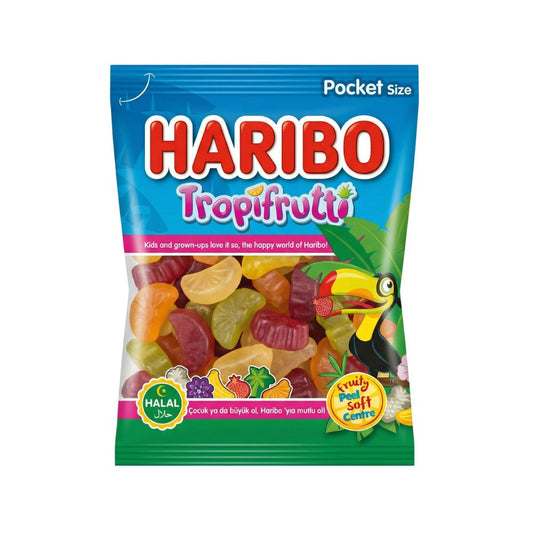 Haribo Tropifrutti Halal Fruchtgummi-Bonbons mit tropischem Fruchtgeschmack, 100 g