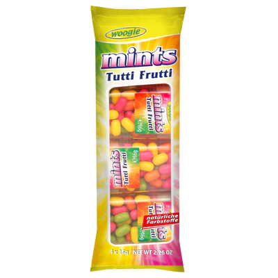 Woogie Mints Tutti Frutti – Zuckerdragees mit Fruchtgeschmack 4×16 g
