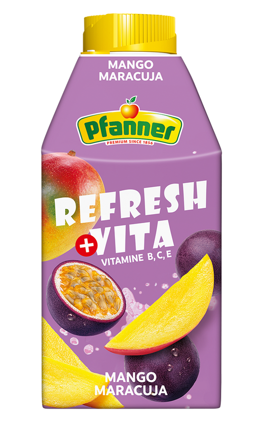 Pfanner Refresh+Vita Mango-Maracuja B+C+E Mehrfruchtgetränk 10 % 0,5 l