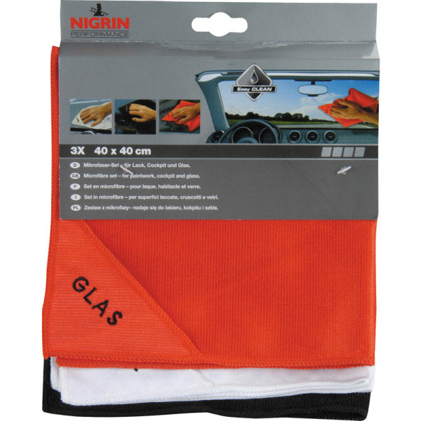 NIGRIN Microfaser-Set 3-teilig für Lack, Glas und Cockpit
