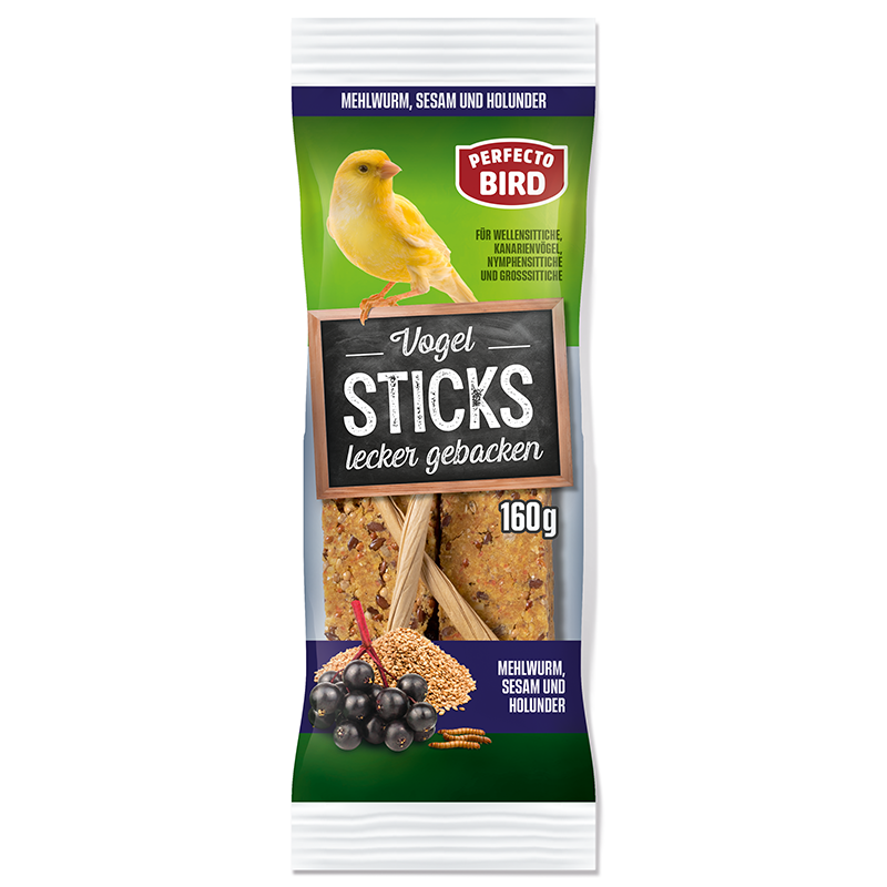 Perfecto Bird Vogel-Sticks gebacken mit Mehlwurm, Sesam und Holunder, 160 g